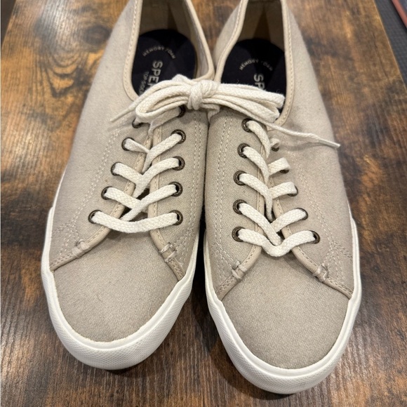 Sperry Topsider Memory Foam Casual Beige Canvas Sneakers EUC! Size 8.5 - Picture 3 of 5